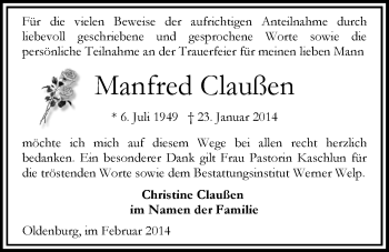 Traueranzeige von Manfred Claußen von Nordwest-Zeitung