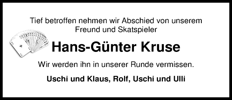  Traueranzeige für Hans-Günter Kruse vom 22.02.2014 aus Nordwest-Zeitung