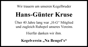 Traueranzeige von Hans-Günter Kruse von Nordwest-Zeitung