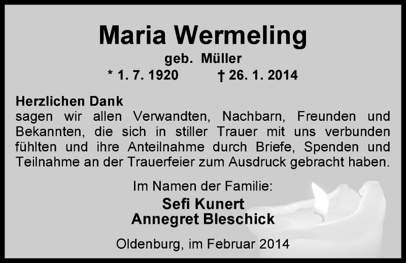  Traueranzeige für Maria Wermeling vom 22.02.2014 aus Nordwest-Zeitung