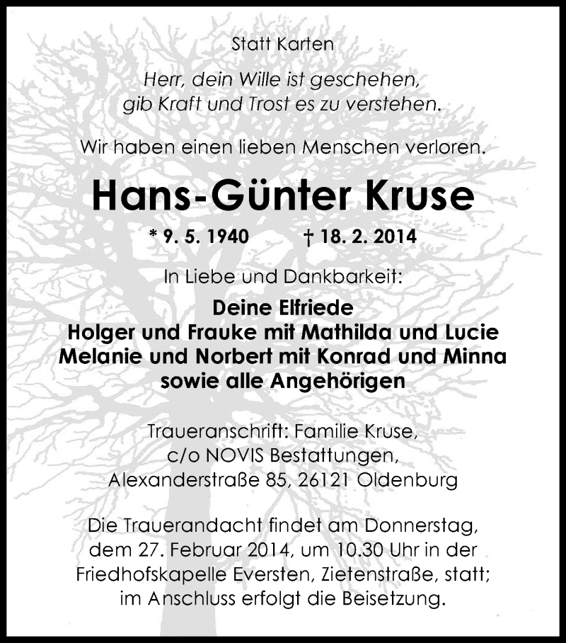  Traueranzeige für Hans-Günter Kruse vom 22.02.2014 aus Nordwest-Zeitung