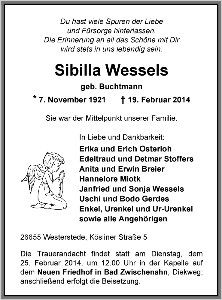  Traueranzeige für Sibilla Wessels vom 22.02.2014 aus Nordwest-Zeitung