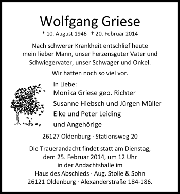 Traueranzeige von Wolfgang Griese von Nordwest-Zeitung