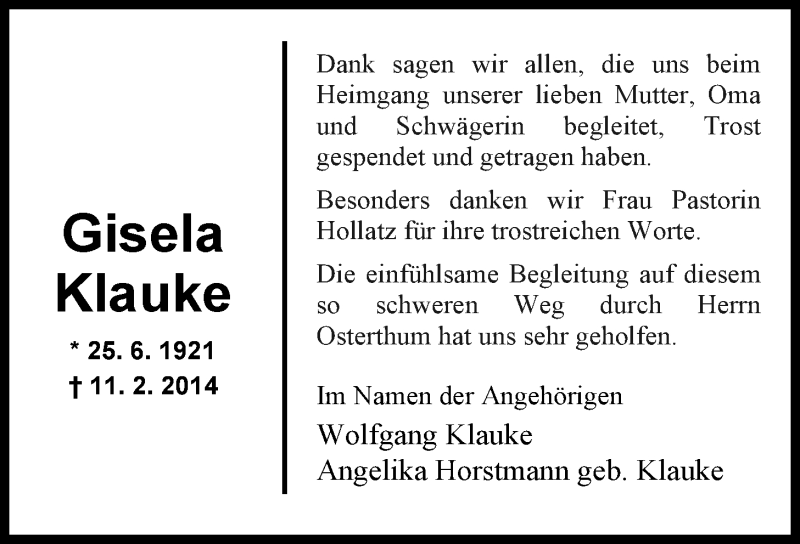  Traueranzeige für Wolfgang Klauke vom 01.03.2014 aus Nordwest-Zeitung