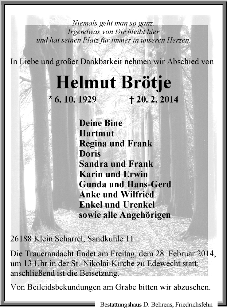  Traueranzeige für Helmut Brötje vom 24.02.2014 aus Nordwest-Zeitung