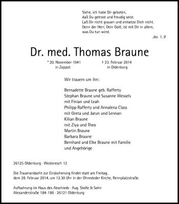 Traueranzeige von med. Thomas Braune von Nordwest-Zeitung