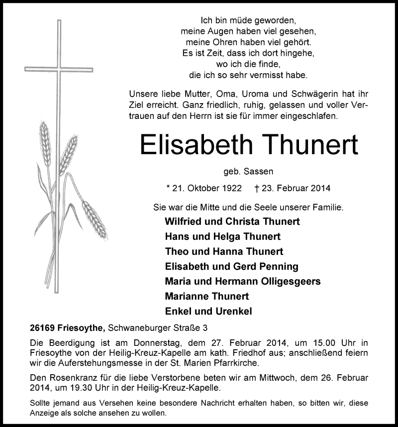  Traueranzeige für Elisabeth Thunert vom 25.02.2014 aus Nordwest-Zeitung