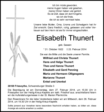 Traueranzeige von Elisabeth Thunert von Nordwest-Zeitung