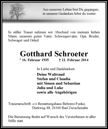 Traueranzeige von Gotthard Schroeter von Nordwest-Zeitung