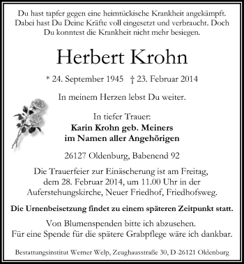 Traueranzeige von Herbert Krohn von Nordwest-Zeitung
