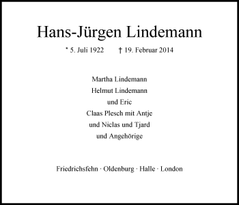 Traueranzeige von Hans-Jürgen Lindemann von Nordwest-Zeitung