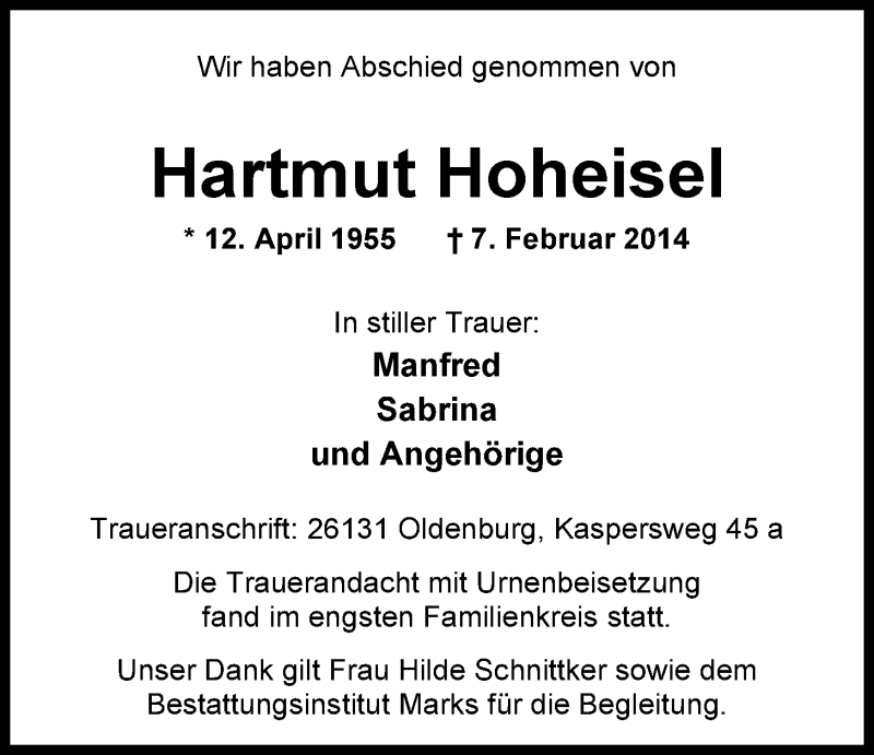  Traueranzeige für Hartmut Hoheisel vom 28.02.2014 aus Nordwest-Zeitung