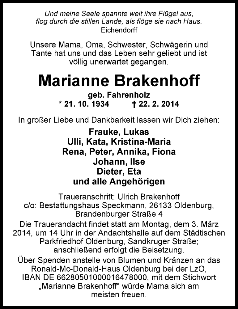  Traueranzeige für Marianne Brakenhoff vom 26.02.2014 aus Nordwest-Zeitung