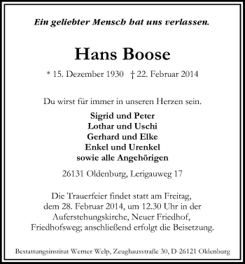 Traueranzeige von Hans Boose von Nordwest-Zeitung