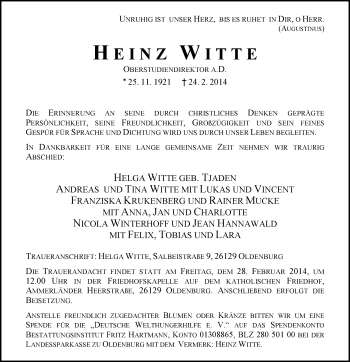 Traueranzeige von Heinz Witte von Nordwest-Zeitung