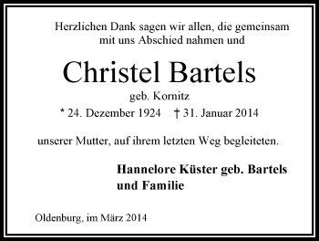Traueranzeige von Christel Bartels von Nordwest-Zeitung