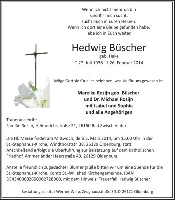 Traueranzeige von Hedwig Büscher von Nordwest-Zeitung