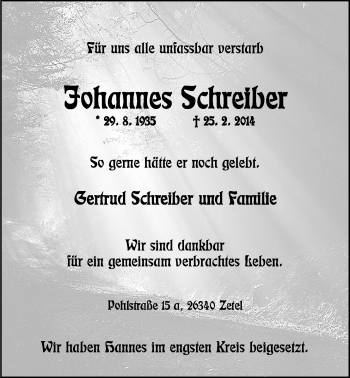 Traueranzeige von Johannes Schreiber von Nordwest-Zeitung