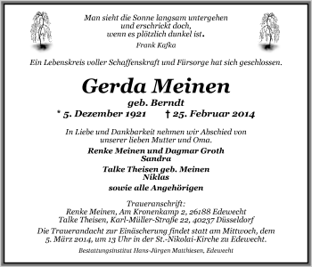Traueranzeige von Gerda Meinen von Nordwest-Zeitung