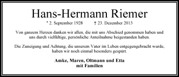 Traueranzeige von Hans-Hermann Riemer von Nordwest-Zeitung