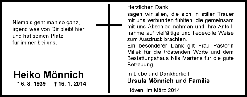  Traueranzeige für Heiko Mönnich vom 01.03.2014 aus Nordwest-Zeitung