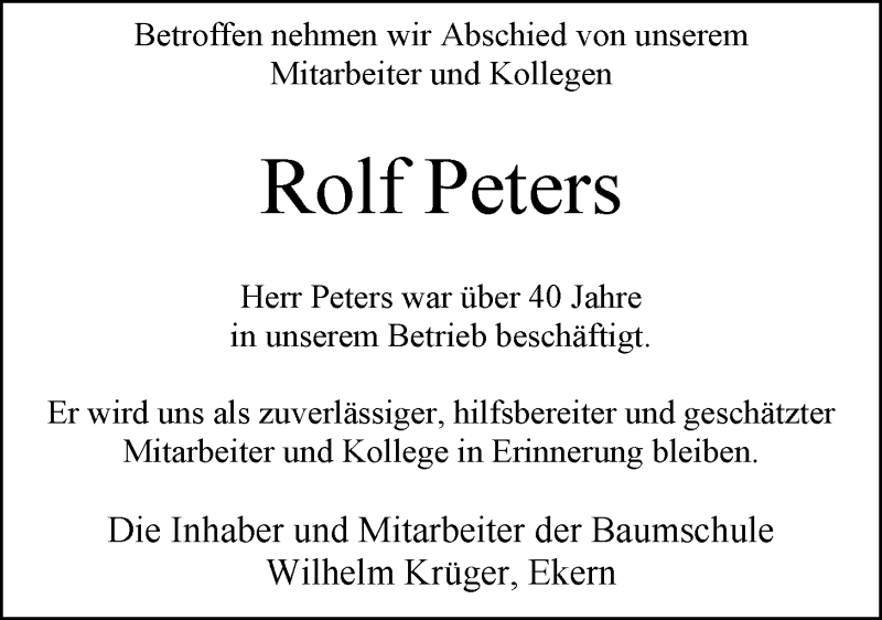  Traueranzeige für Rolf Peters vom 01.03.2014 aus Nordwest-Zeitung
