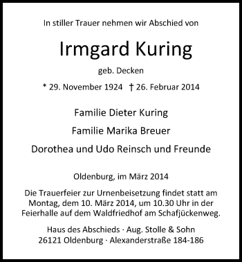 Traueranzeige von Irmgard Kuring von Nordwest-Zeitung