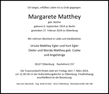 Traueranzeige von Margarete Matthey von Nordwest-Zeitung