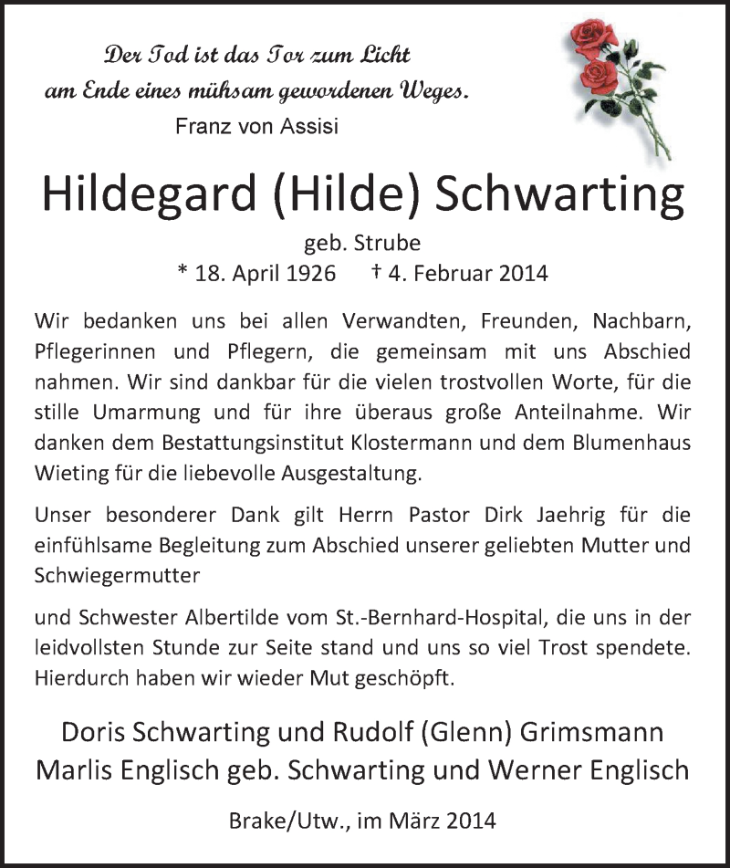  Traueranzeige für Hildegard  Schwarting vom 08.03.2014 aus Nordwest-Zeitung