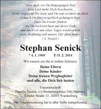 Traueranzeige von Stephan Senick von Nordwest-Zeitung