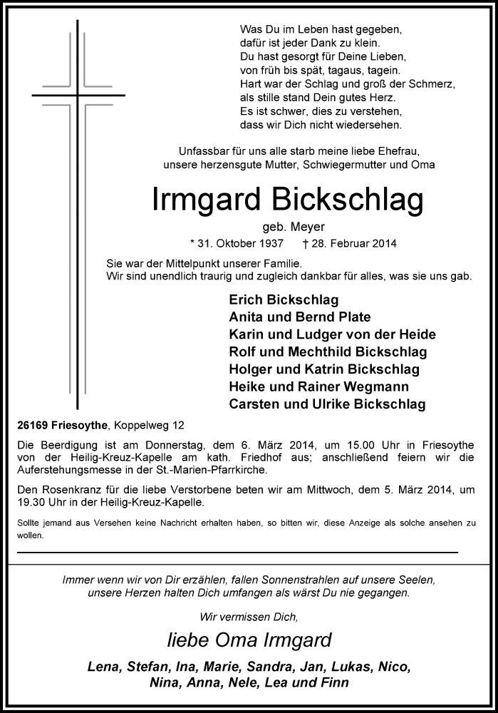  Traueranzeige für Irmgard Bickschlag vom 03.03.2014 aus Nordwest-Zeitung