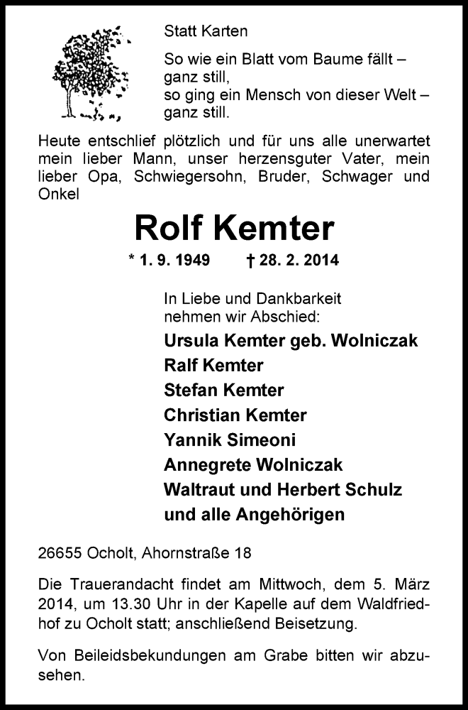  Traueranzeige für Rolf Kemter vom 03.03.2014 aus Nordwest-Zeitung