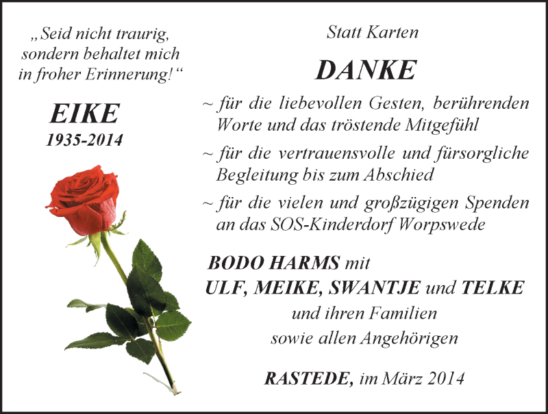  Traueranzeige für Eike Harms vom 08.03.2014 aus Nordwest-Zeitung