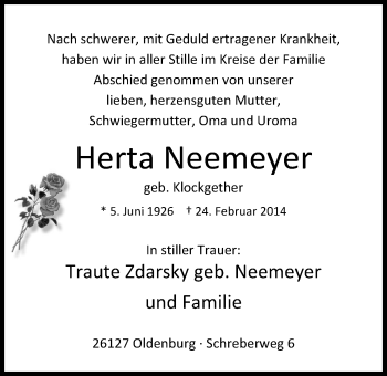 Traueranzeige von Herta Neemeyer von Nordwest-Zeitung