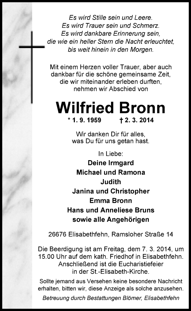  Traueranzeige für Wilfried Bronn vom 04.03.2014 aus Nordwest-Zeitung