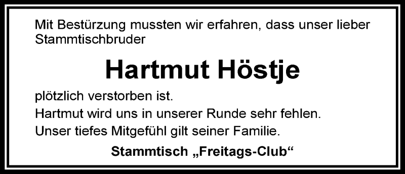  Traueranzeige für Hartmut Höstje vom 05.03.2014 aus Nordwest-Zeitung