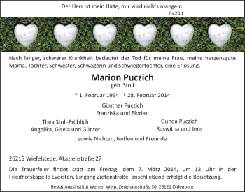 Traueranzeige von Marion Puczich von Nordwest-Zeitung