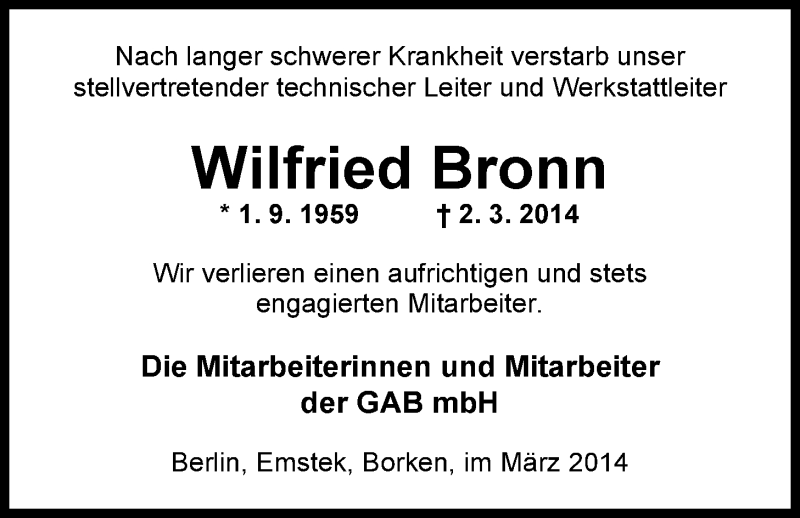  Traueranzeige für Wilfried Bronn vom 05.03.2014 aus Nordwest-Zeitung