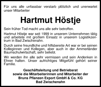 Traueranzeige von Hartmut Höstje von Nordwest-Zeitung