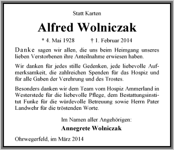 Traueranzeige von Alfred Wolniczak von Nordwest-Zeitung