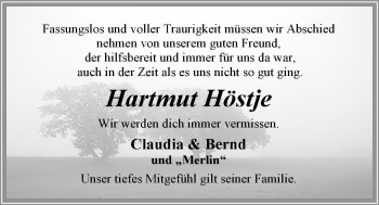 Traueranzeige von Hartmut Höstje von Nordwest-Zeitung