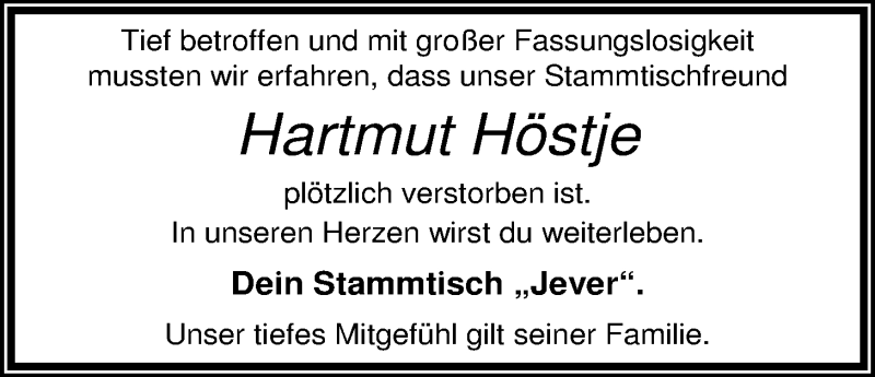  Traueranzeige für Hartmut Höstje vom 06.03.2014 aus Nordwest-Zeitung