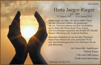 Traueranzeige von Herta Jaeger-Rieger von Nordwest-Zeitung