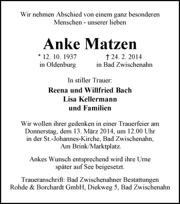 Traueranzeige von Anke Matzen von Nordwest-Zeitung