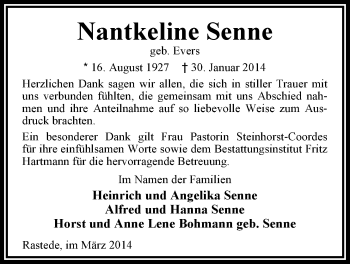 Traueranzeige von Nantkeline Senne von Nordwest-Zeitung