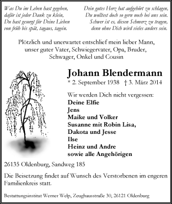 Traueranzeige von Johann Blendermann von Nordwest-Zeitung