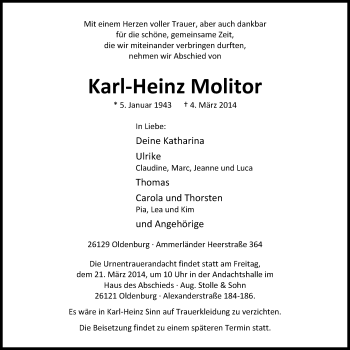 Traueranzeige von Karl-Heinz Molitor von Nordwest-Zeitung