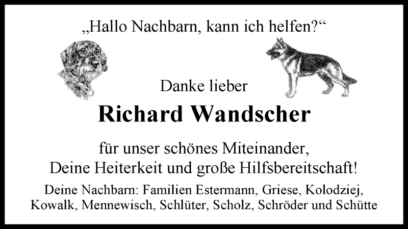  Traueranzeige für Richard Wandscher vom 07.03.2014 aus Nordwest-Zeitung