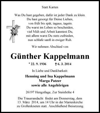 Traueranzeige von Günther Kappelmann von Nordwest-Zeitung