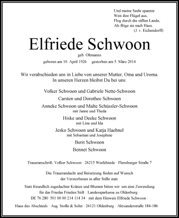 Traueranzeige von Elfriede Schwoon von Nordwest-Zeitung